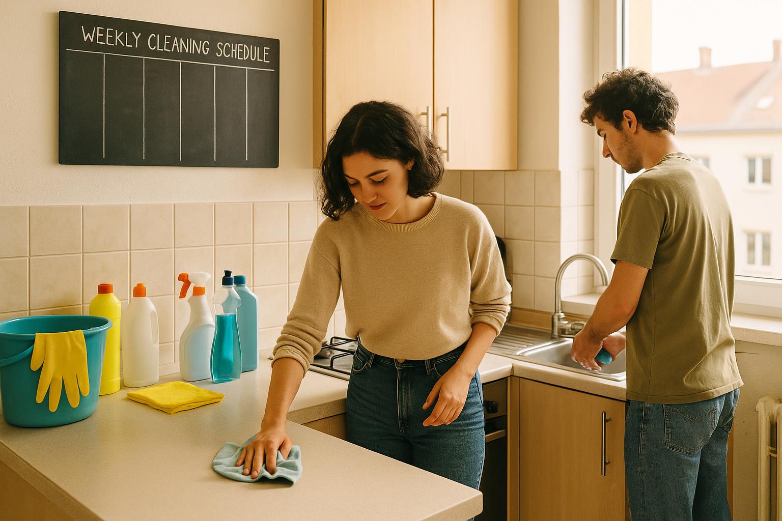 Calendario de limpieza semanal en una cocina de piso compartido con productos ordenados
