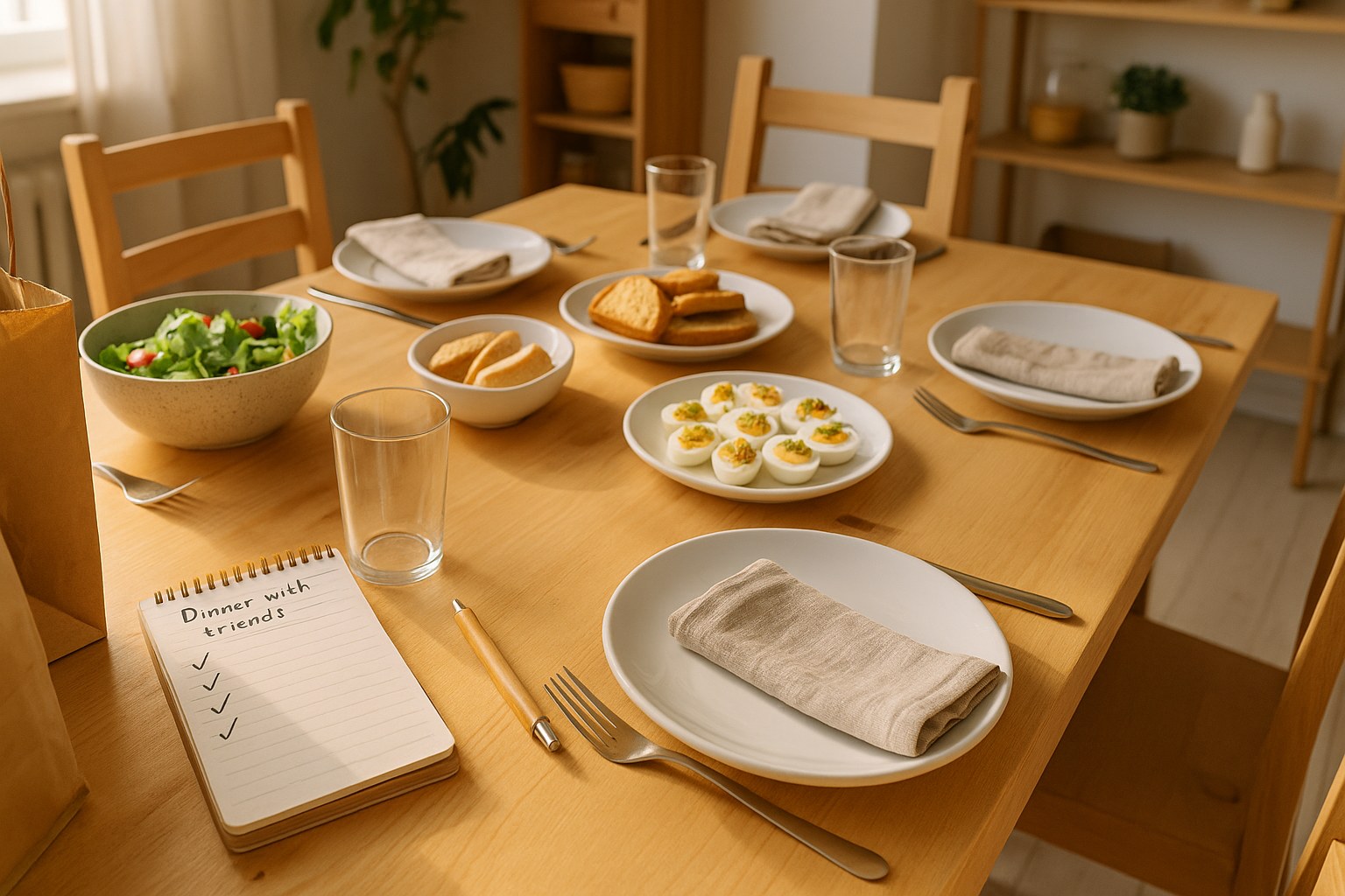 Mesa preparada para una cena en casa con amigos junto a una checklist de compras y tareas