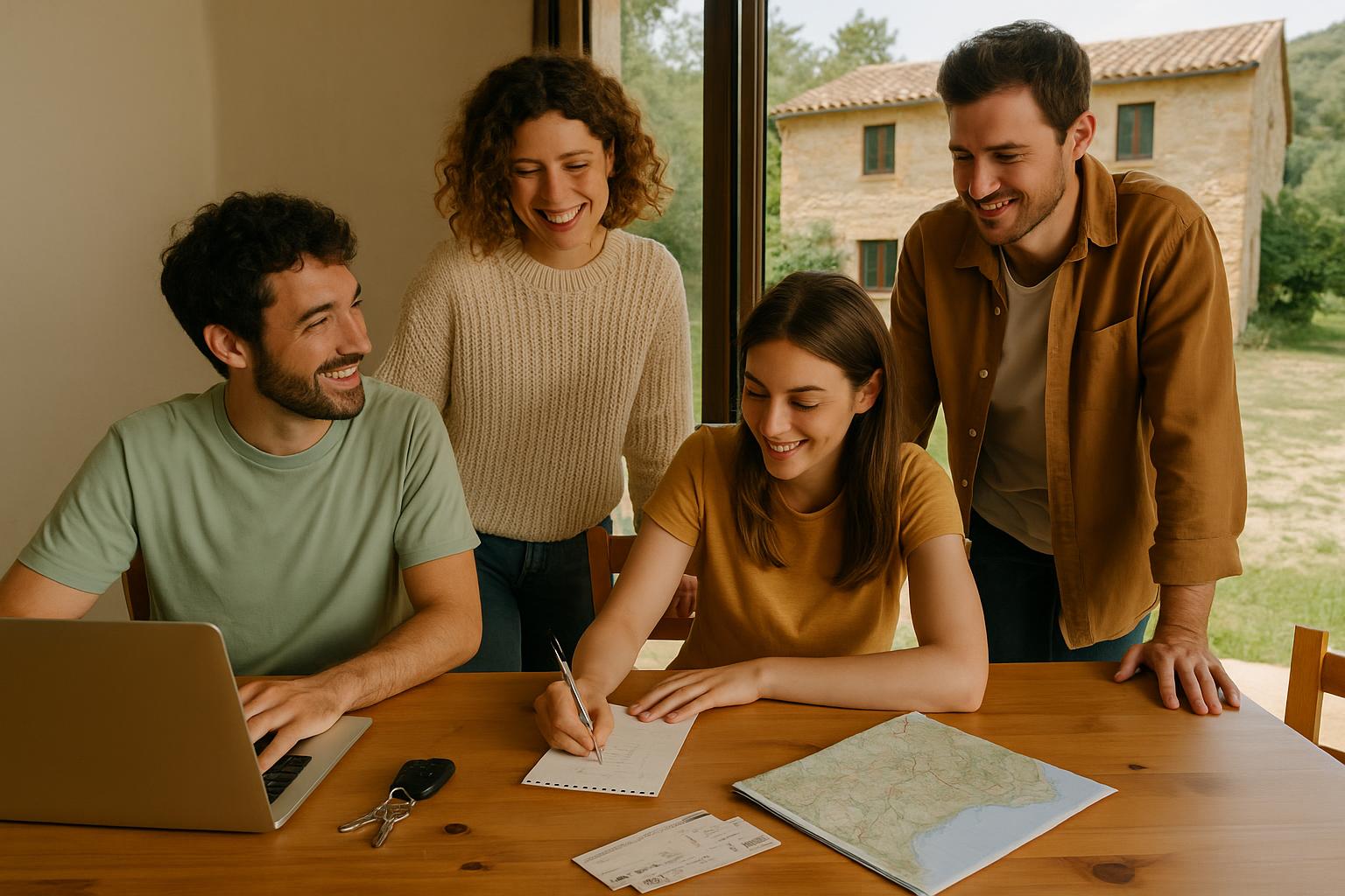 Grupo de amigos organizando el presupuesto y las compras para una escapada rural