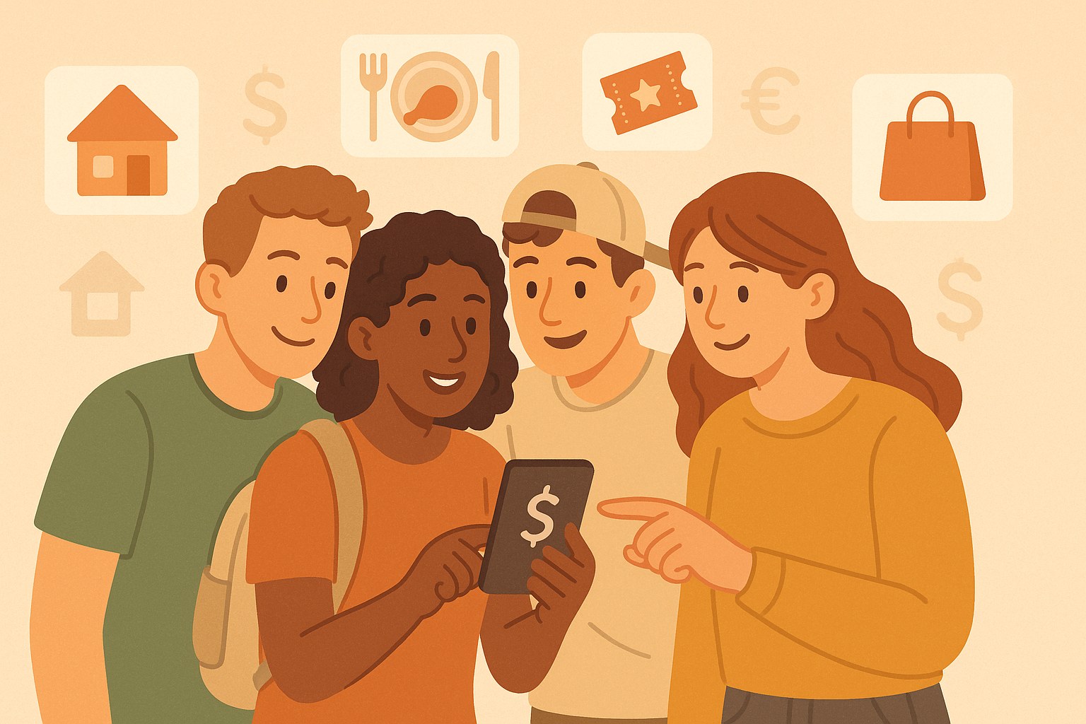 Grupo de amigos organizando gastos compartidos de un viaje