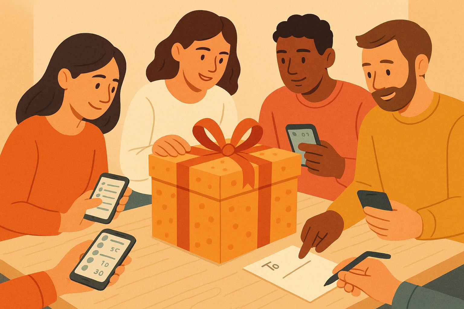 Personas organizando un regalo de grupo con una lista de aportaciones y una caja envuelta sobre la mesa