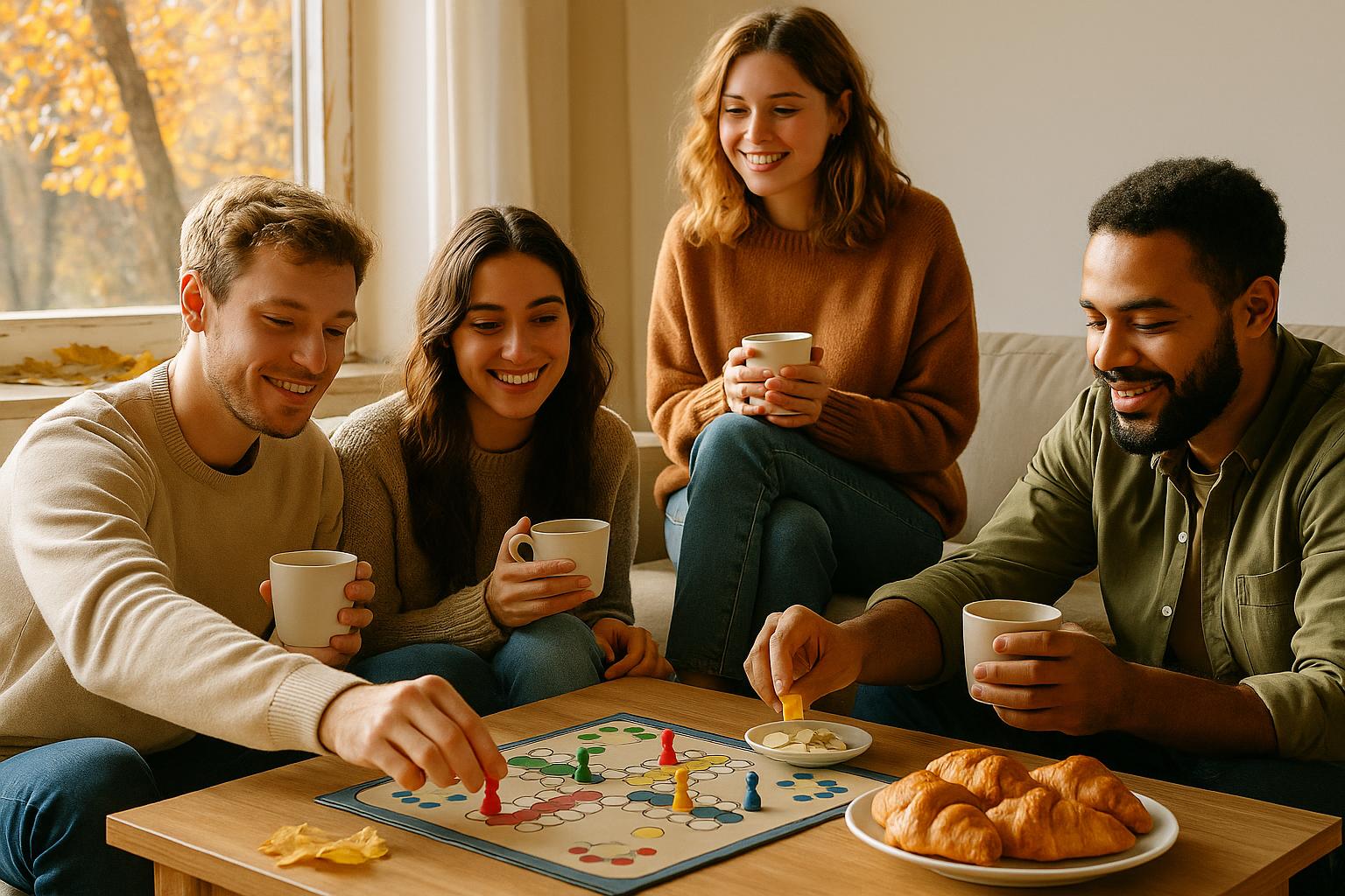 Amigos organizando un plan barato de otoño en casa con merienda y juegos de mesa